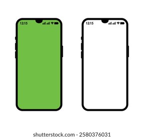 Smartphone mockup blank and green screen isolated on white background.