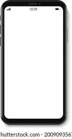 Smartphone mockup with blank screen. Black vector frameless smart phone, cellphone isolated on white background
