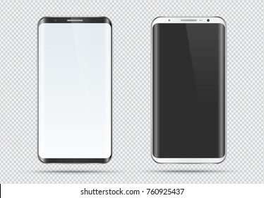 Smartphone mockup with blank screen. Black and white vector frameless smart phone, cellphone, handset isolated on transparent background