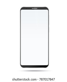 Smartphone mockup with blank screen. Black vector frameless smart phone, cellphone isolated on white background