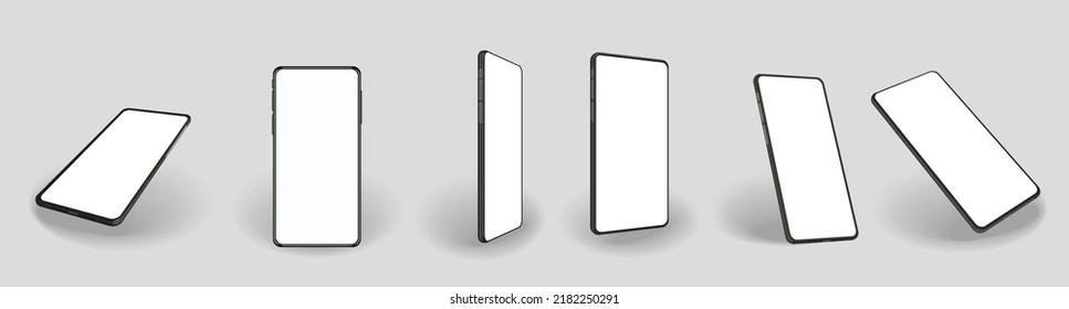 Smartphone mockup with blank screen. Cellphone frame. Realistic phone different angles views. Template for infographics or presentation