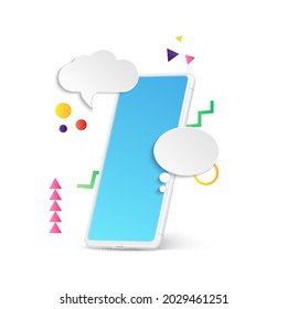 Burla de Smartphone. Teléfono blanco con pantalla en blanco, formas geométricas decorativas. Burbujas de charla, mensaje de voz o concepto de vector de comunicación