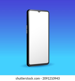El teléfono inteligente se burla de la pantalla blanca en blanco. Ilustración vectorial de un smartphone negro realista y moderno con sombra sobre un fondo azul