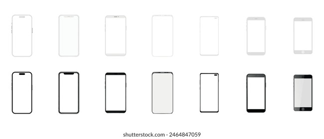 Smartphone mockup with blank white screen, detailed mobile phone mockup, black gray and white models smartphone front view, model 3D mobile phone, ui ux