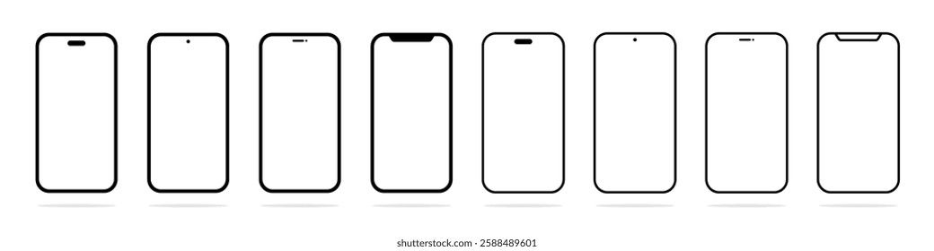 Smartphone mockup with blank white screen. Mobile phone mockup front view. Smartphone screen vector illustration. Flat black device screen icons. Smartphone screen icon set