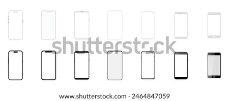 Smartphone mockup with blank white screen, detailed mobile phone mockup, black gray and white models smartphone front view, model 3D mobile phone, ui ux