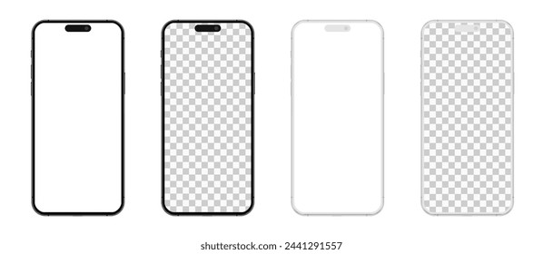 Smartphone mockup with blank white and transparent screen, detailed mobile phone mockup, model 3D mobile phone, ui ux, black and white models smartphone front view