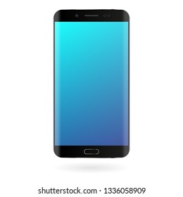 Smartphone mockup with blue gradient screen on white background. Black color digital gadget template. Modern phone. Vector illustration.