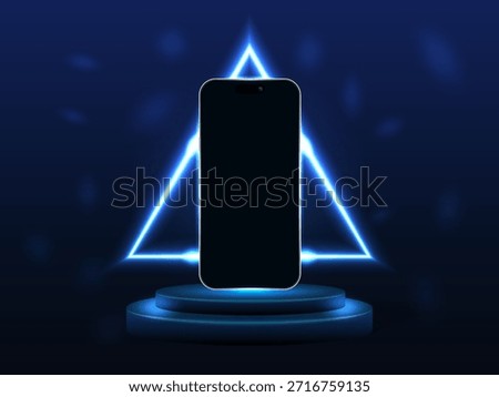 Smartphone Mockup with Blue Neon Triangle Hologram on Dark Background – Futuristic Mobile Phone Screen Display, 3D Tech Product Presentation, Digital UI App Showcase, Abstract Cyber Glow Vector