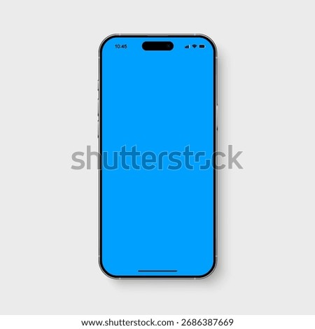 Smartphone mockup with blue screen. Realistic smart phone isolated. 3D mobile phone device front view for ui ux presentation. High quality smart phone mockup with shadow