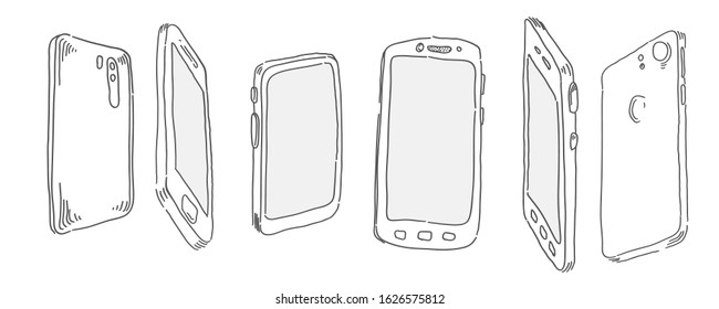 Smartphone mockup. Cellphone frame with display, phone different angles views. Vector mobile device concept doodle set. 