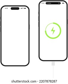 Smartphone mockup. Charging. Dynamic island template. Generation 14. Lightning cable plugged in to phone. Vector. Isolated.