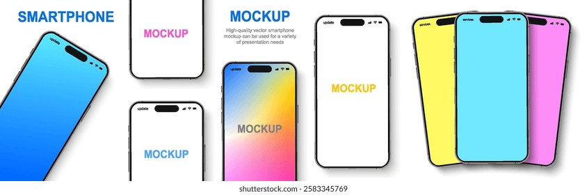 Smartphone mockup collection, 3D mobile phones device front view, high quality smart phone mockup with shadow, realistic smart phone set isolated