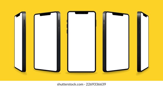 Smartphone mockup collection. Realistic models smartphone with white screen. Device front view. 3D mobile phone with shadow. Vector illustration isolated on yellow background. EPS 10