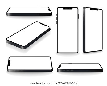 Smartphone mockup collection. Realistic models smartphone with white screen. Device front view. 3D mobile phone with shadow. Vector illustration isolated on white background. EPS 10