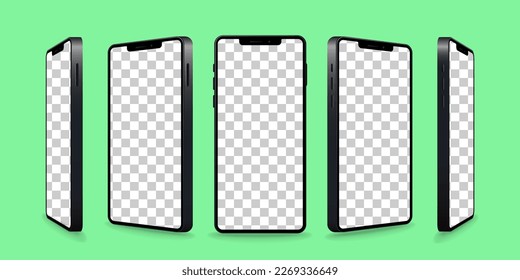 Smartphone mockup collection. Realistic models smartphone with transparent screens. Device front view. 3D mobile phone with shadow. Vector illustration isolated on green background. EPS 10