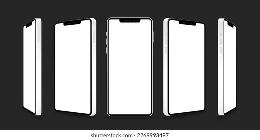 Smartphone mockup collection. Realistic models smartphone with white screen. Device front view. 3D mobile phone with shadow. Vector illustration isolated on dark background. EPS 10