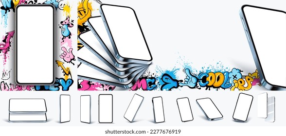 Smartphone mockup. Colorful cute graffiti frame, poster or poster layout, art covers. Realistic smartphone device with empty screen. Vector illustration
