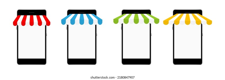 Smartphone mockup with colorful store awning set. Shop stripe roof for market on mobile phone. Vector illustration isolated on white.