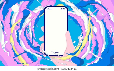 Smartphone mockup with colourful splash - Hand holding phone with empty blank screen, and smoke trails creating an eye catching layout. Vector illustration.