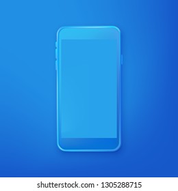 Smartphone mockup design template. Vector realistic 3d illustration of blue plastic mobile phone on blue gradient background. Blank screen modern device.