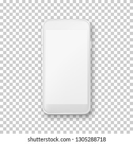 Smartphone mockup design template. Vector realistic 3d illustration of white plastic mobile phone on transparent background. Blank screen modern device.