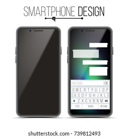 Smartphone Mockup Design Vector. Black Modern Trendy Mobile Phone Front View. Isolated On White Background. Realistic 3D Illustration