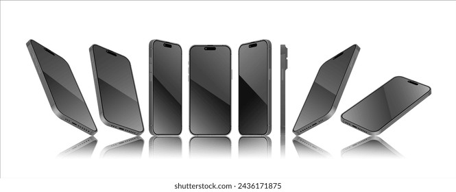 Smartphone mockup in different angles with editable Screen. 3D perspective view mobile phone mockup. Front, perspective side view template. Vector.