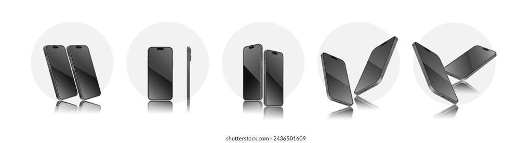 Smartphone mockup in different angles with editable Screen. 3D perspective view mobile phone mockup. Front, perspective side view template. Vector.