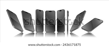 Smartphone mockup in different angles with editable Screen. 3D perspective view mobile phone mockup. Front, perspective side view template. Vector.