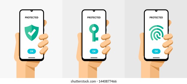 Smartphone mockup with different protection type protocols. Fingerprint, password and key protect. Vector colorful technology illustration