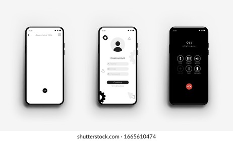 Smartphone mockup, different sreens, empty, login, call, template for mobile app showcase. Full editable vector design elements for mobile application presentation.
