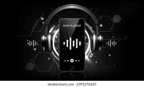 Smartphone-Movie-up-Display mit schwarz-drahtlosem Musikkopie auf technischem Hintergrund, Podcast Audiobook und E-Learning-Konzept, Vektorgrafik