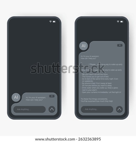 Smartphone mockup displaying an AI chat user interface showing a conversation between a user and the AI