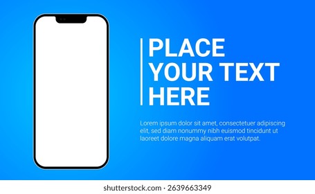 Smartphone mockup with editable text area on blue gradient background for mobile app presentation user interface design marketing layout and advertising template