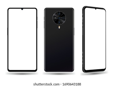 Smartphone mockup  front back and perspective view. Vector illustration for  technology advertising element and easy place demo on screen.