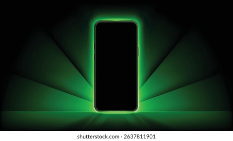 Smartphone Mockup with Green Glow Light Effect – Smartphone Screen Glow, Illuminating Mobile Display Designs for Banners, Wallpapers, and Luxury Vouchers, App Presentation and Technology Template