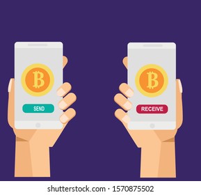 smartphone mockup with hand, Send and receive bitcoin. Electronic wallet