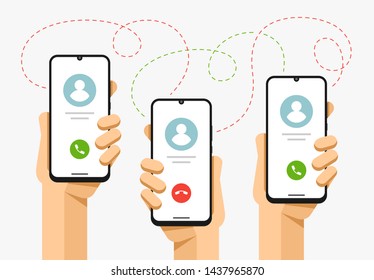 Smartphone mockup in human hand. Accept and decline the phone call. Call from address book. Vector flat colorful technology illustration