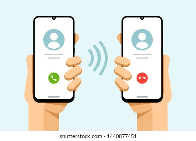 Smartphone mockup in human hand. Accept and decline the phone call. Call from phone to phone. Vector colorful technology illustration