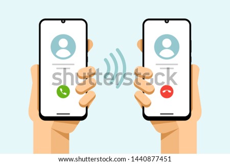 Smartphone mockup in human hand. Accept and decline the phone call. Call from phone to phone. Vector colorful technology illustration