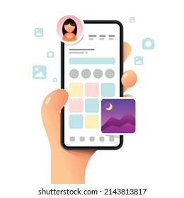 Smartphone mockup in human hand. App dashboard. Profile main screen. Vector colorful social media illustration. Instagram, Whatsapp, Skype