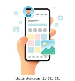 Smartphone mockup in human hand. App dashboard. Profile main screen. Vector colorful social media illustration. Instagram, Whatsapp, Skype