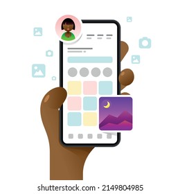 Smartphone mockup in human hand. App dashboard. Profile main screen. Vector colorful social media illustration. Instagram, Whatsapp, Skype
