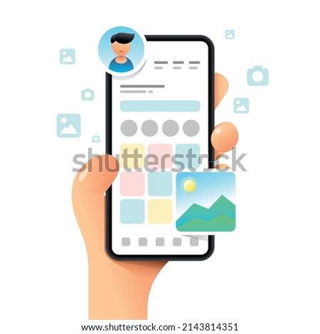 Smartphone mockup in human hand. App dashboard. Profile main screen. Vector colorful social media illustration. Instagram, Whatsapp, Skype