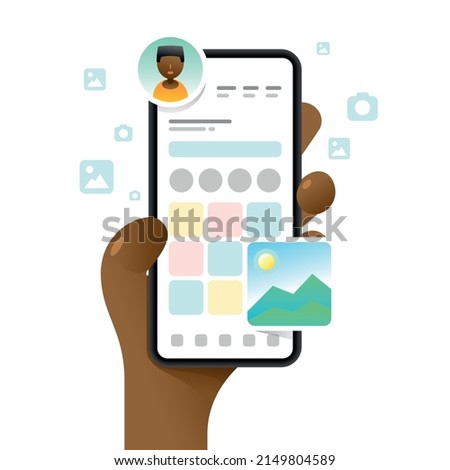Smartphone mockup in human hand. App dashboard. Profile main screen. Vector colorful social media illustration. Instagram, Whatsapp, Skype