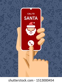 Smartphone mockup in human hand. Call to Santa. Merry Christmas and Happy New Year. EPS10 Vector