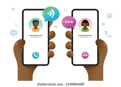 Smartphone mockup in human hand. Calls to each other. Contacting someone. Messaging. Vector colorful social media illustration. Instagram, Whatsapp, Skype