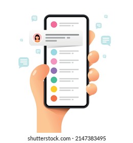 Smartphone Mockup In Human Hand. Chat Communications. Messaging. Vector Colorful Social Media Illustration. Instagram, Whatsapp, Skype