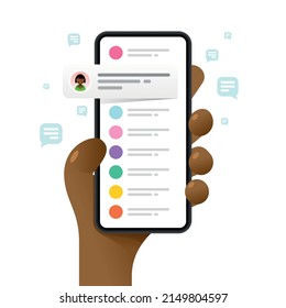 Smartphone Mockup In Human Hand. Chat Communications. Messaging. Vector Colorful Social Media Illustration. Instagram, Whatsapp, Skype